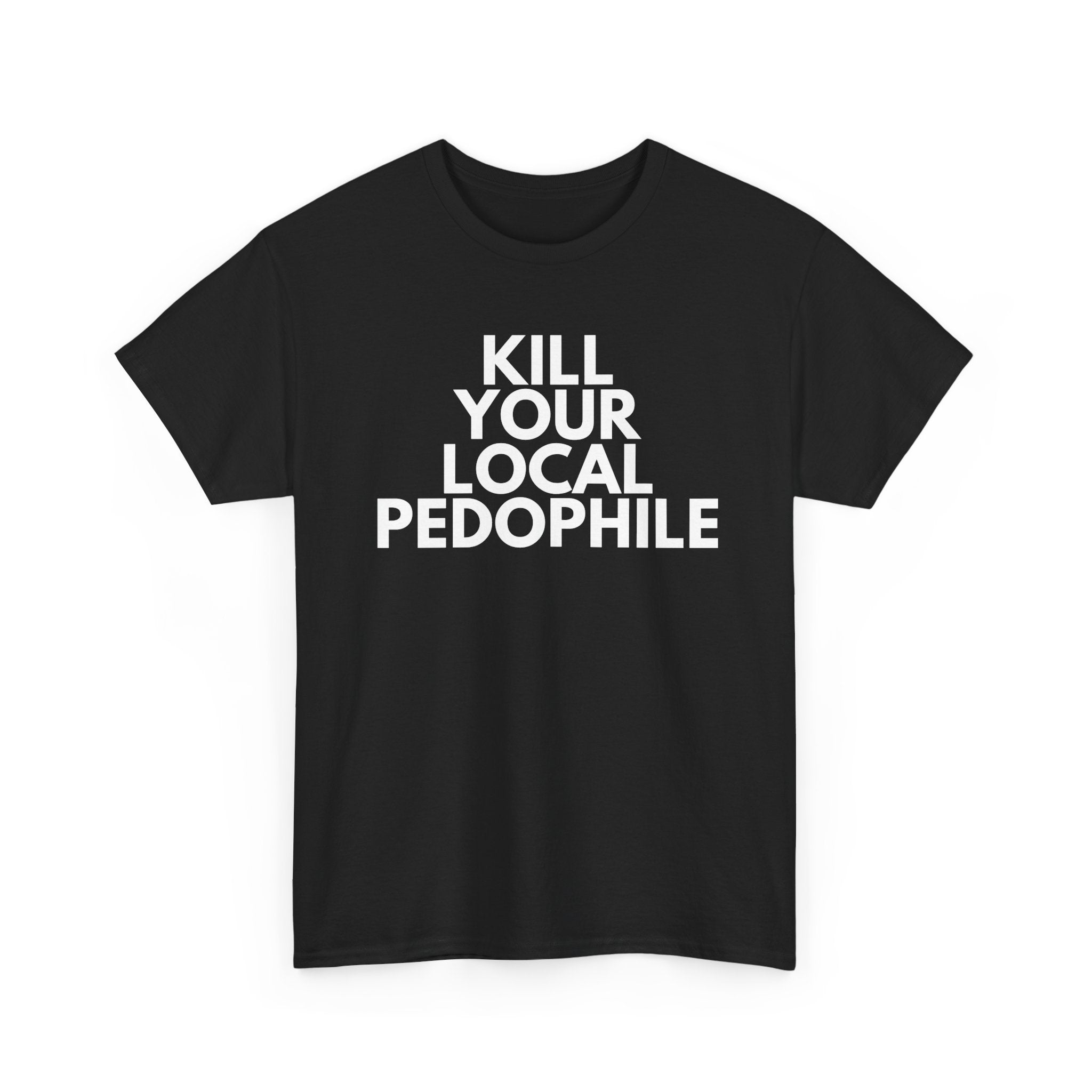 Black t-shirt with white text 'K YOUR LOCAL PED0" on a white background