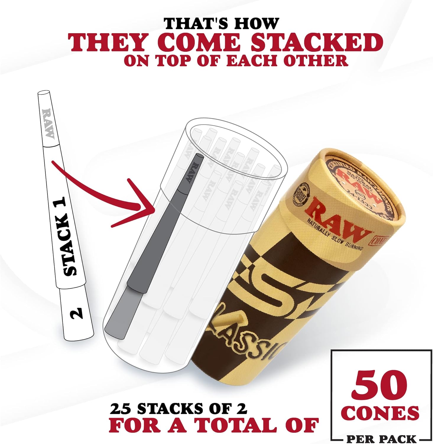 RAW Cones Classic 1-1/4 Size - 50 Pack - Slow Burning Pre Rolled Cones made of Paper with Tips & Packing Tubes Included