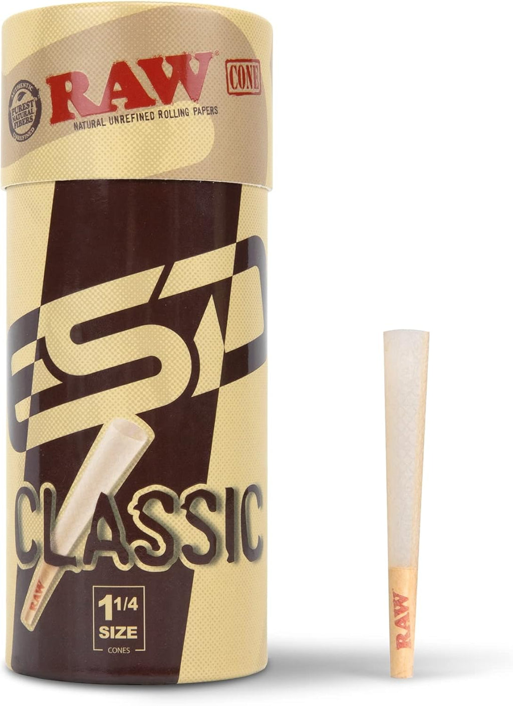 RAW Cones Classic 1-1/4 Size - 50 Pack - Slow Burning Pre Rolled Cones made of Paper with Tips & Packing Tubes Included