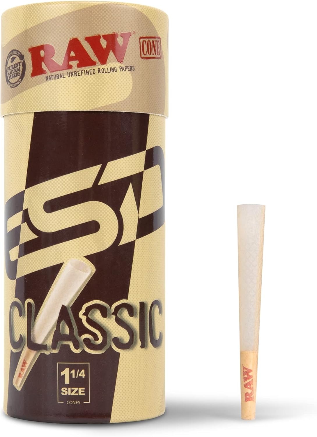 RAW Cones Classic 1-1/4 Size - 50 Pack - Slow Burning Pre Rolled Cones made of Paper with Tips & Packing Tubes Included