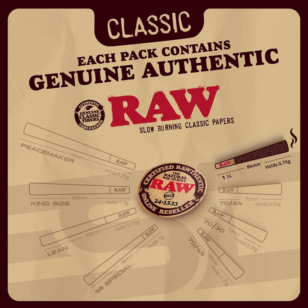 RAW Cones Classic 1-1/4 Size - 50 Pack - Slow Burning Pre Rolled Cones made of Paper with Tips & Packing Tubes Included